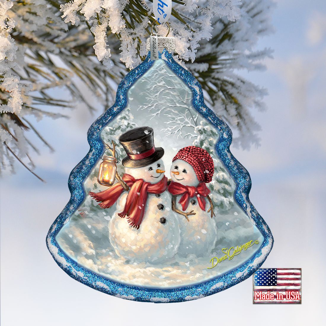 Snow Couple Glass Ornament by D. Gelsinger - Christmas Santa Snowman Decor - 762-108-DG